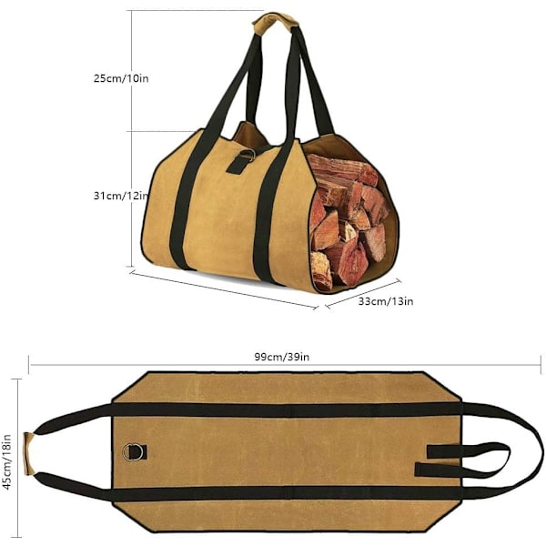 Lærred Log Bag Pejs Brænde Opbevaringspose Stor Kapacitet Udendørs Log Holder Voksbehandlet Træ Log Holder med Håndtag