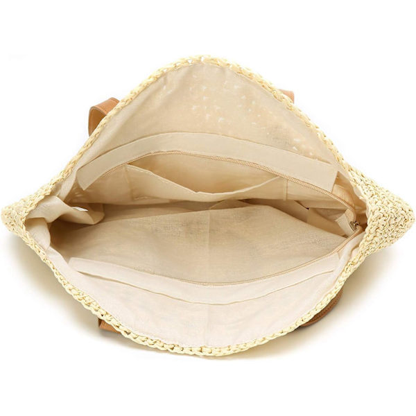 Beige halm rund flettet taske - stor sommer strandtaske kvinder rejse boho halmtaske