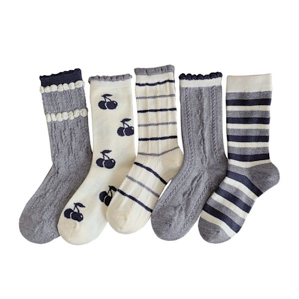 5 paria syksyn ja talven sukkia naisille, pohkeenmittaiset fleece-sukat, japanilainen college-tyyli raidalliset kirsikat, monipuoliset, paksuuntuneet ja lämpimät