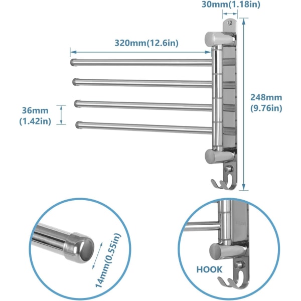 Towel Bar Stainless Steel Wall Mount with 4 Rods