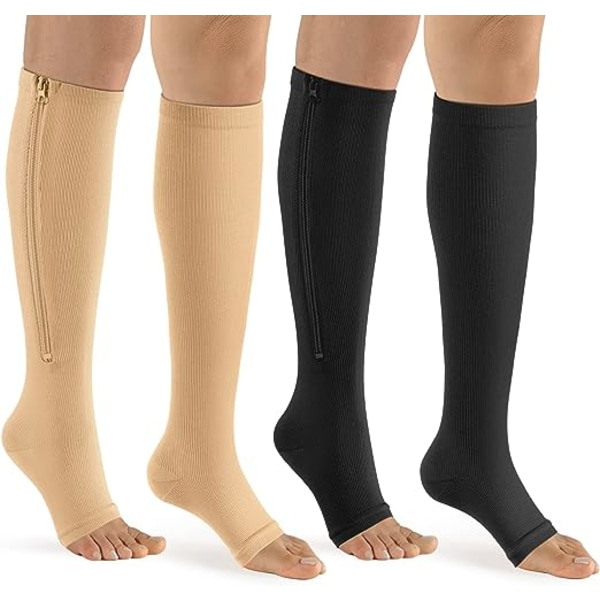 2 par dragkedja kompressionsstrumpor för män och kvinnor (L/XL), vadhöjd 15-20 mmHg, öppen tå, idealisk för promenader, löpning