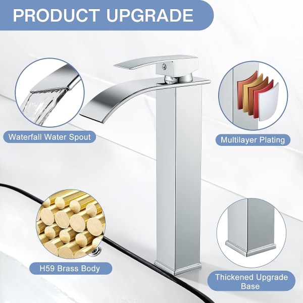 Moderne høy foss servantkran, elegant design baderomskran, høy enkeltgreps messing servantbatteri, varmt og kaldt vann tilgjengelig, krom W