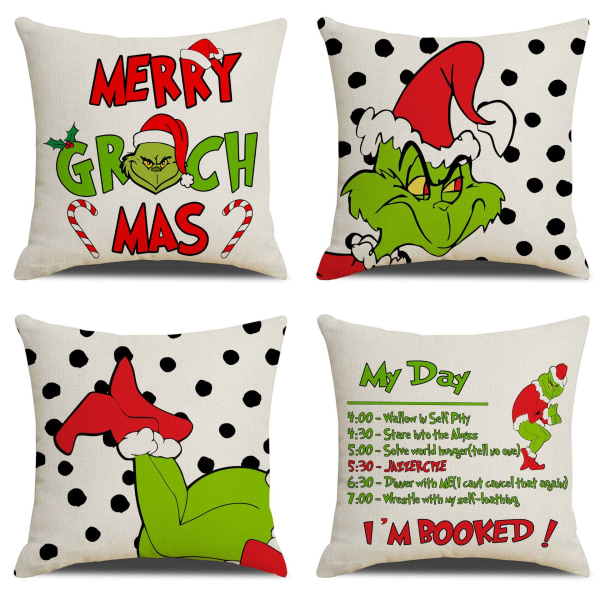 Juleputetrekk 18 x 18 sett med 4 for juledekorasjoner Buffalo Plaid Xmas Ornament Rest Grinch Face Vinterferie Putedesign Sofa