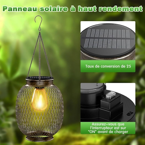 Solcellelamper til udendørs haveophæng, IP65 vandtæt solcellelanterne udendørs 2 stk. metal solcellelampe udendørs med LED-pære solcellelampe balkon til veranda