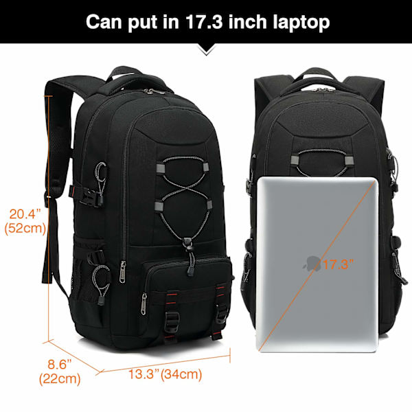 45L Trekking Rygsæk Vandtæt Multifunktionel Vandrer Rygsæk Rejse Laptop Rygsæk Mænds Til Camping Bjergbestigning Cykling, Sort