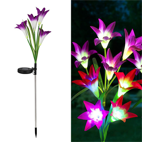 2 stk. Solcellelamper Udendørs, Lily Solcelle Have Lamper LED Solcellelamper Farveskift Større Blomster og Solpaneler Have Dekoration til Terrasse, Stier,