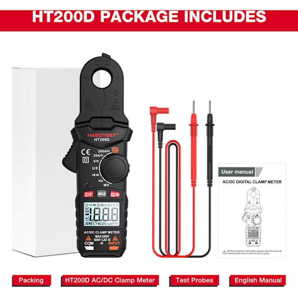 Digitalt amperemeter tang HT200D 2000 punkter True RMS NCV 600 V Spænding 200 A Strøm CC/CA Multimeter Digital Tang Ampèremmetrique kan måle resi