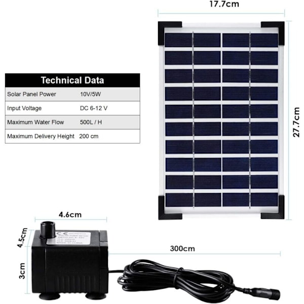 Utomhus solfontän 5W, solpump för pool, solvattenpump för pool, 3 munstycken, 380l/h, maximalt flöde: 60 cm