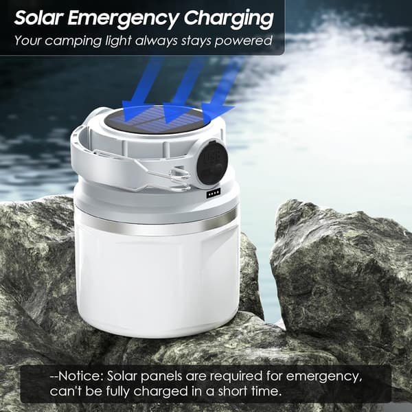 LED solcelle campinglys, superlys 350 lumen oppladbar campinglys, 4 lysmoduser, dimbar søkelys med krok