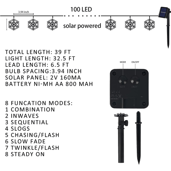 100 LED aurinkokäyttöiset jouluhiutalevalot ulkokäyttöön, 39 jalkaa aurinkokäyttöiset hiutalevalot vedenpitävät joulukuuseen, lomaan, hääjuhliin, Pati