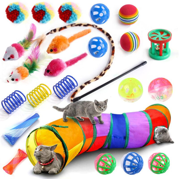 Kattelegetøj, 24 stykker kattelegetøj, kattelegetøjssæt med kattetunnel, fisk, mus, fjer, boldkillingespil, interaktivt kattelegetøj