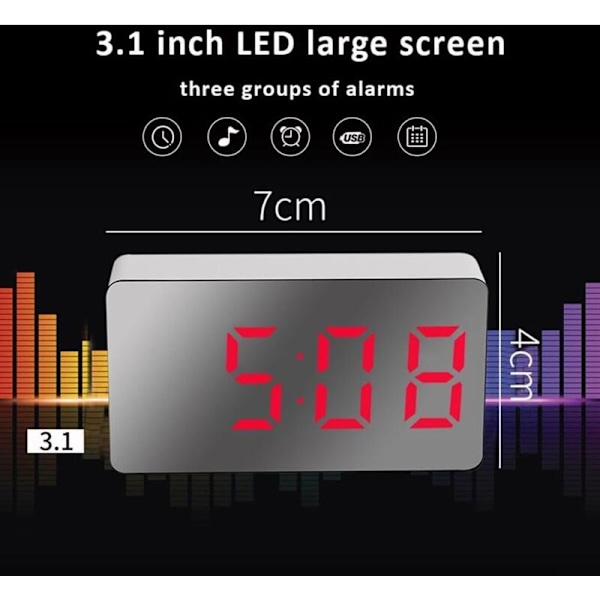 Digitalt vækkeur med spejl - mini LED-ur - Digitalt elektronisk vækkeur - Bærbar - USB-opladning