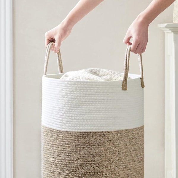 Linnekorg, linnekorg av bomullsrep, förvaringskorg för smutsig tvätt (38 cm d x 50 cm h, brun)