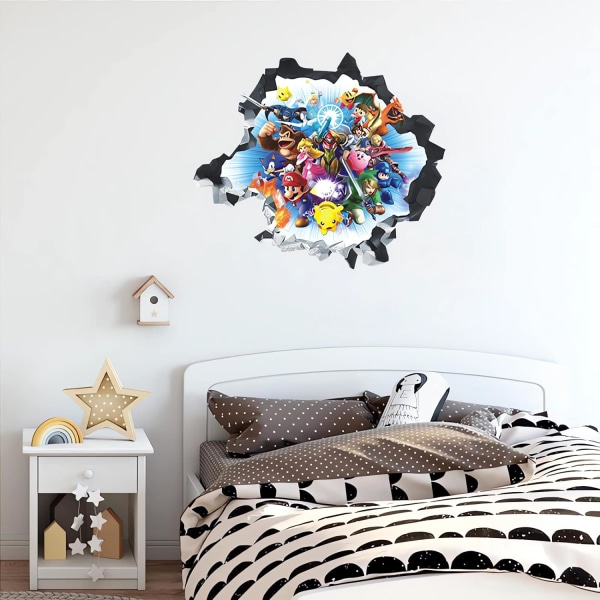 3D väggdekor klistermärke, barns tecknade sovrum bakgrund väggdekoration självhäftande vägg klistermärke, spel klistermärke 47*41,7 cm