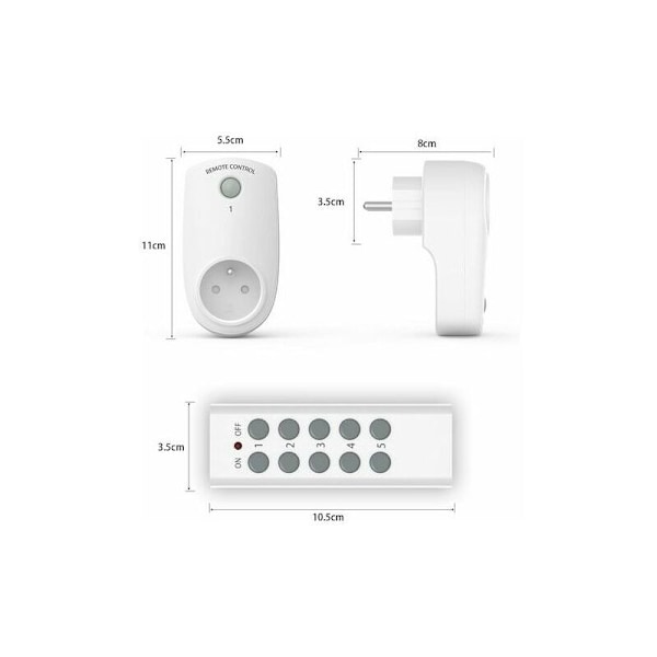 Parti med 5 elektriske programmerbare stikkontakter, trådløs fjernbetjening med 2 fjernbetjeninger, 2 batterier medfølger, 30 m kontrolafstand i åbent område, ON