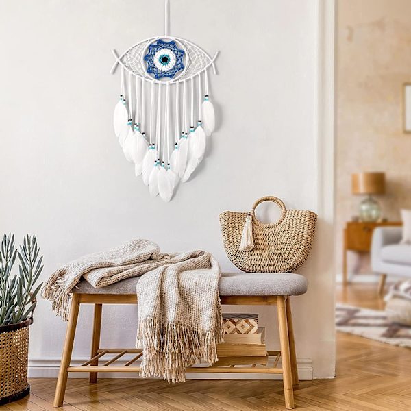 Macrame Evil Eye Dream Catcher Håndvævet Hvide Fjer Dreamcatcher Vægophæng Hjem Dekoration Ornament Velsignelse Festival Gave，ren hvid