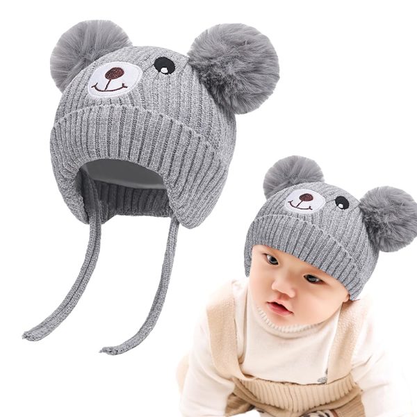 Søt bjørn barn vinter fleece foret strikket lue med øreklaffer dobbel dusk lue med øreklaffer kaldt vær varm lue for 1-5 år gammel (grå)
