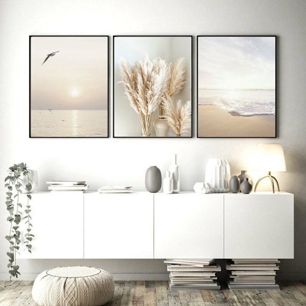 30 x 40 cm, Set med 3 väggaffischer, eleganta, för vardagsrum, sovrum, utan fotoram, solnedgångs- och strandmönster