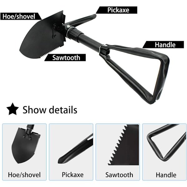 Multifunktionel foldeskytte, foldbar skovl med ti funktioner, foldeskytte til at skovle / grave / plane / skære / save træ / hakke, campingtaske med