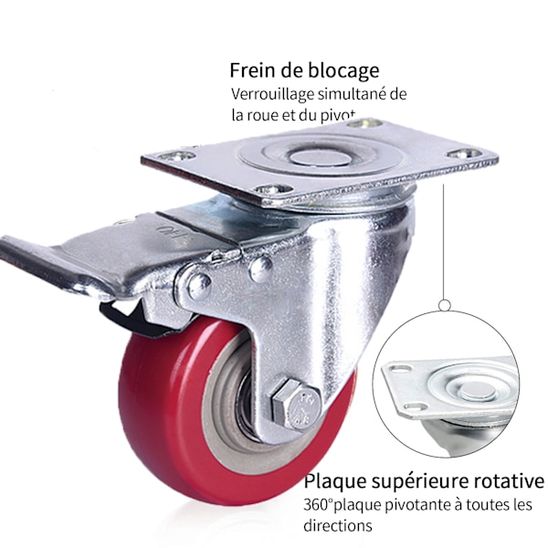 75 mm Svingbare Hjul med Bremse, Gummihjul Støtter Max 400 kg, Sett med 4, Rød