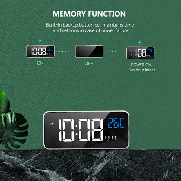 LED digital väckarklocka för sovrum, elektronisk klocka med termometer, 2 alarm, snooze-funktion, 4 ljusstyrkenivåer, spegelklocka, USB-laddning för