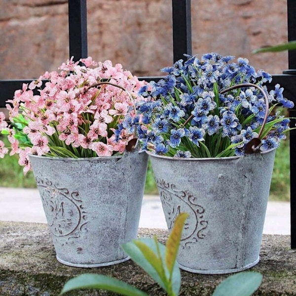 Artifici Faux, 12 st konstgjorda blommor i gula gröna buskar, plastväxter för inomhus- och utomhusbruk, planterade i hemdekor (blå)