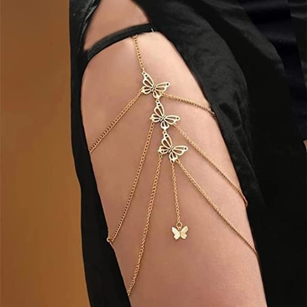 Bohemian Butterfly Body Chain Gold Leg Chains Disco Lårkjeder Elastiske Smykker for Kvinner og Jenter