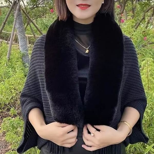 Stickad tjock damlös sjal poncho cape reversibel överdimensionerad lång stickad varm wrap för kvinnor damer på vintern (svart)