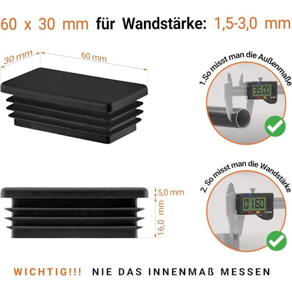 Rektangulær rørhette 60x30 mm svart 5 stk. Plastflak Buffs