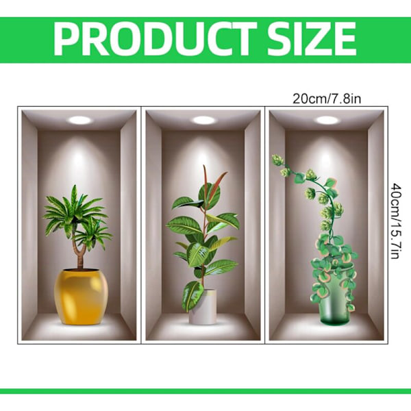 Sett med 3 3D veggklistremerker i 3D vinyl for stue, vaser, grønne planter - for soverom, kontor, kjøkken - 40 x 20 cm