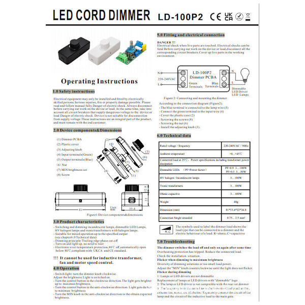 3-100W LED bagkant dæmper (rotary variator), bruges til dæmpbar LED, glødelampe, halogenlampe, 220-240V, ENTRUCTER CE, Sort