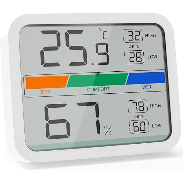 Digital termometer-hygrometer, rumstemperatur hygrometer med magnet, för minsta / maximala registrering av rumsluftkonditionering, med batteri, whi