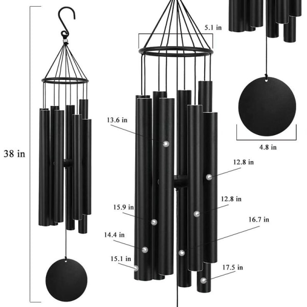 Dyb Tone Udendørs Vindspil, 38 Tommer Vindspil, Minde Vindspil med 8 Stemte Rør, Have, Gård, Terrasse og Hjemmeindretning - Sort