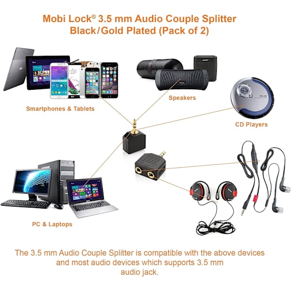 Hovedtelefon Y-splitter og han-lydstik til 2 hun-stik til iPhone, iPod, iPad og andre Apple-lydenheder 3,5 mm splitter (2-pak) Sort