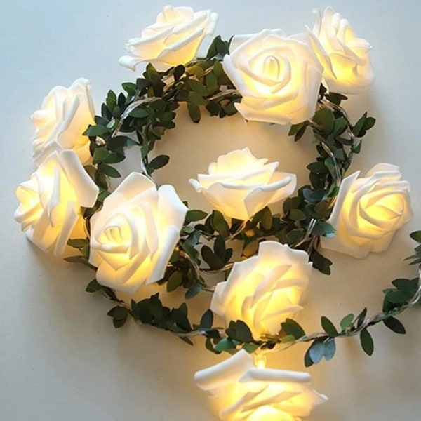 Rose Fairy Lights med grønne blader, 3M/9.81ft 20LED varm hvite rottingblomster Fairy Lights, batteridrevne dekorative lys