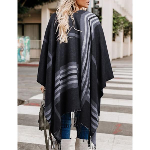 Kvinnors Capes, Cape Style Höstkläder, Framtill Öppen Boho Buffalo Ull Cardigan, Oversized Rutig Cape Tröja med Fransar, Svart - Ränder