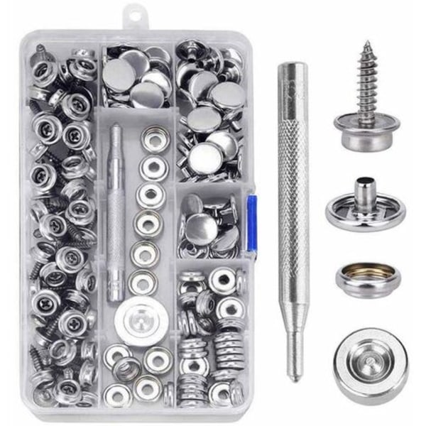 Trykknapper, 150 stk rustfritt stål skru-på trykknapper 15mm metall trykknapper sett med 2 festeverktøy