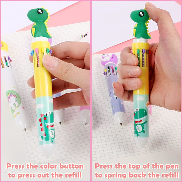 12 stk. 10-i-1 Dinosaur Retractable Rollerball Penne Multicolor, Retractable Kuglepenne, 10-Farvet Kuglepen til Kontorartikler Skoleartikler Stu