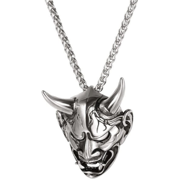 Mask Halsband, Herr Gothic Punk Hänge, Rostfritt Stål Silver Svart Personifierad Evil Demon Horn Smycken Halsband med 22 Tums Kedja