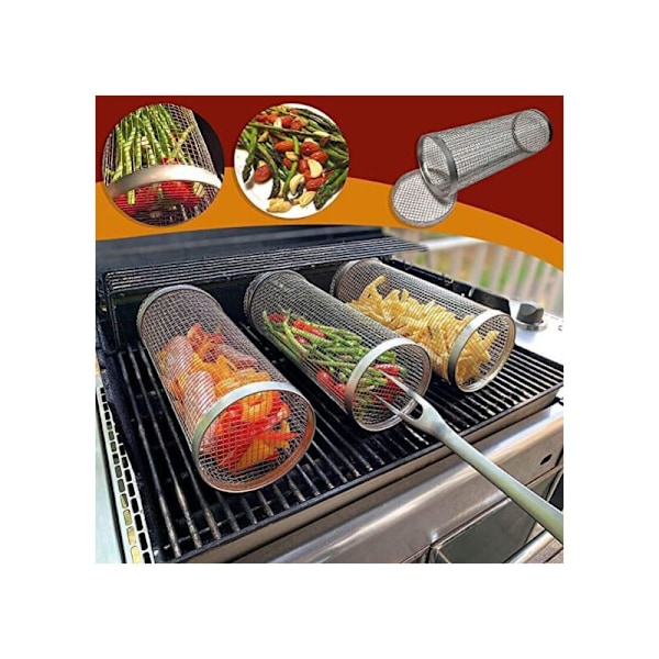 2 stk. 20 cm grillkurv i rustfritt stålnett, rund grillbur, roterende trommel, bærbar PC-nett