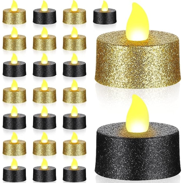 24 kpl Gold Glitter LED Tea Lights Musta liekettömät kynttilät Bat