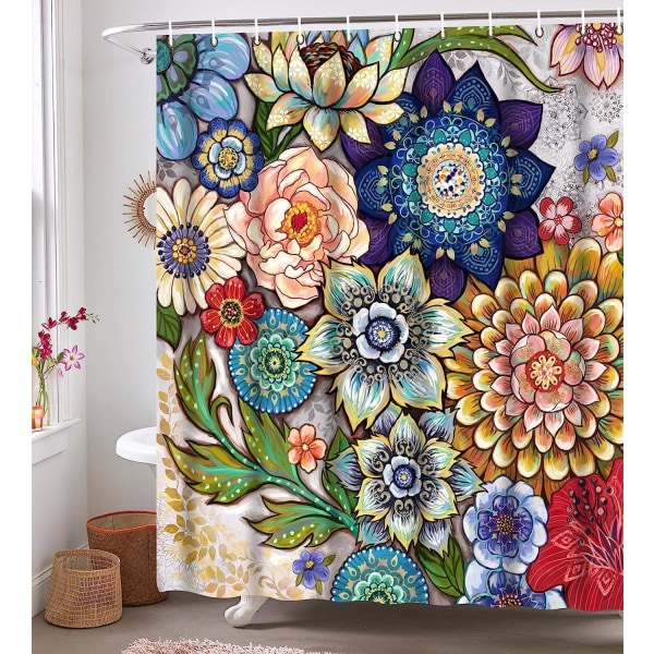 Boho Blomster Bruseforhæng til Badeværelse, Lyst Stof Blomster Bruseforhæng med 12 Kroge, Multi Farve 180x180cm