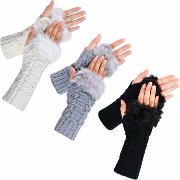 3 par fingerlösa vinterhandskar Faux Fleece Virkade Thermal Mellanlängd Tumhål Fingerless Thermal Handskar