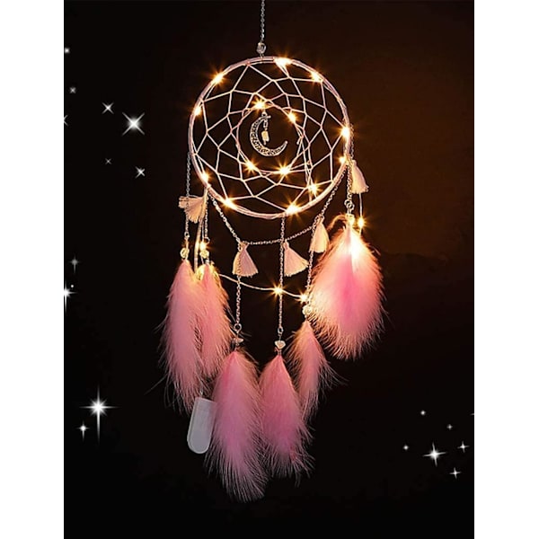 Lille drømmefanger med LED-lys, håndlavet drømmefanger med fjer, drømmefanger vægdekoration hjem ornament (Moonlight Powder)