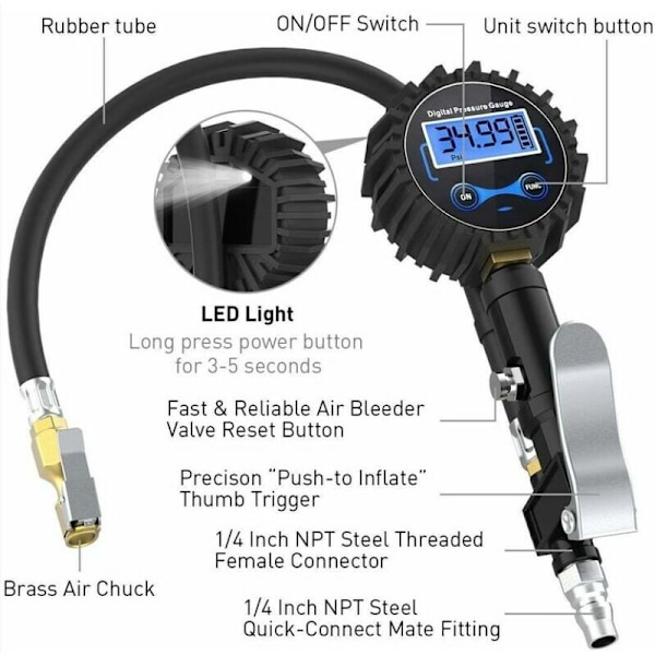 Digital 250 psi dekktrykksmåler, høypresis digital dekktrykksmåler med inflasjons pistol for sykkel motorsykkel bil, 2 AAA batterier, LCD