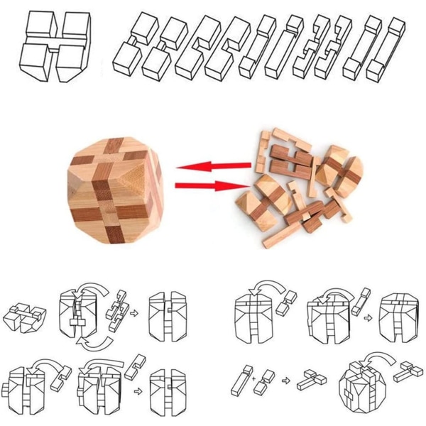 9 stykker træhjerne-teaser, hjerne-teaser-spil, 3D IQ-puslespil mini træhjerne-teaser, sindstest pædagogisk spil intellektuelt logisk klassisk legetøj G