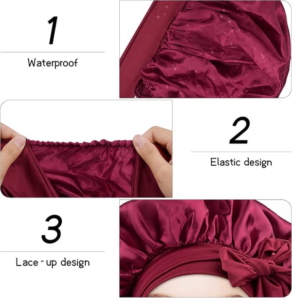Satin nattmössa, satin sovhatt, justerbar duschmössa, elastisk mössa, dam sovhatt för sömn, dusch, hårvård, spa, frisörsalonger (röd)