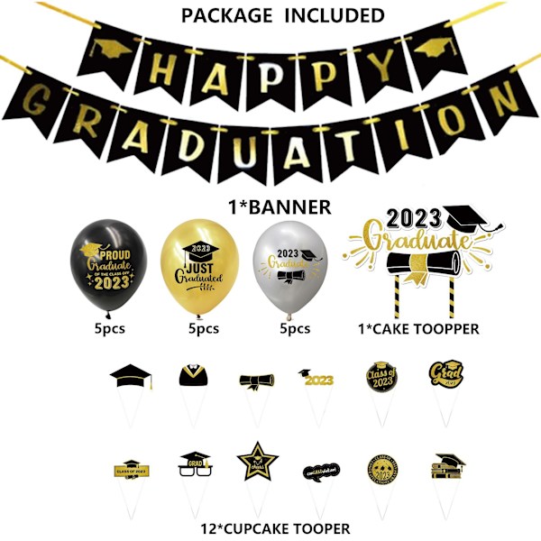 Bannere og ballonger til graduering, gradueringsbanner, sorte og gullfargede latexballonger til graduering for videregående skole og universitetsgraduering