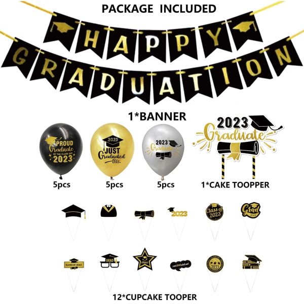 Graduation Banderoler og Balloner Kit, Graduation Banner, Sort Guld Graduation Latex Balloner til Gymnasium Universitet Graduation Dekorationer