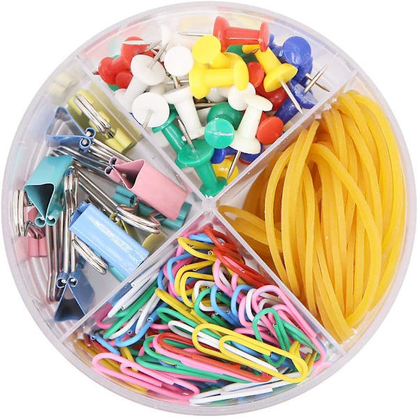 4 i 1 rund låda klämma brevpapper set innehåller färgglada pärmar, gummiband, gem, häftstift för skola kontorsmaterial, 205 stycken totalt